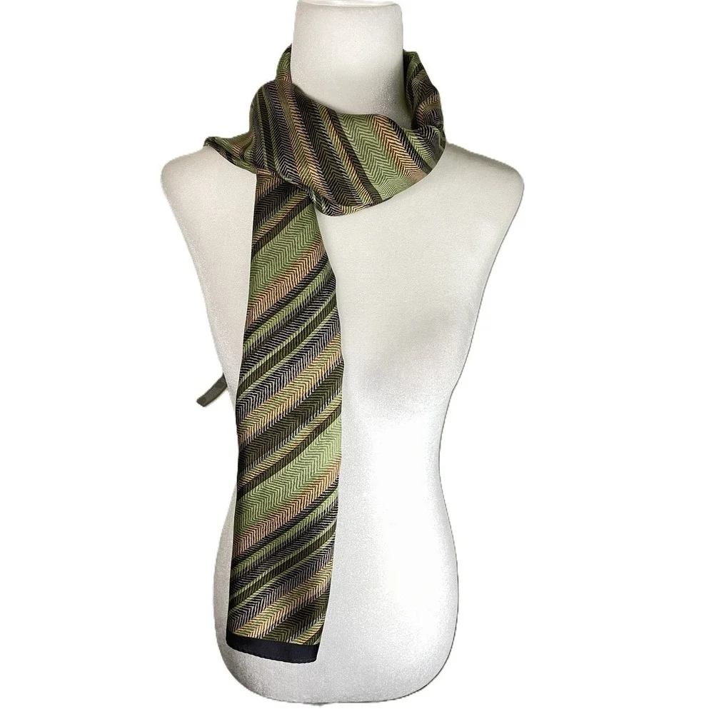 Echo Silk Scarf Green Tan Black Chevron Herringbone Striped Rectangular Wrap‎